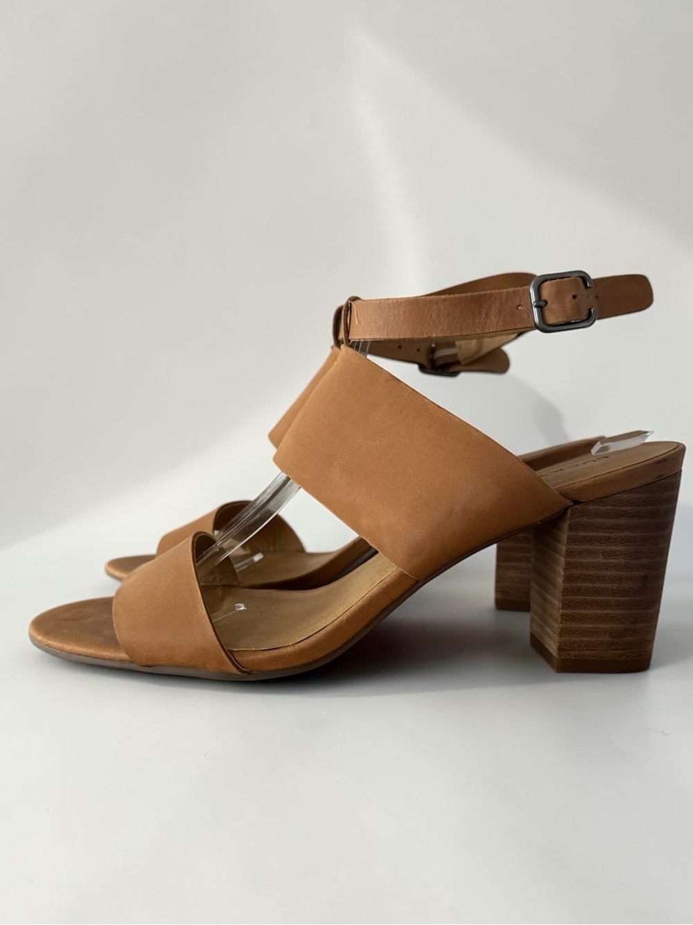 Lucky Brand Women's Leather Block Heel Double Strap Sandals in camel tan brown
